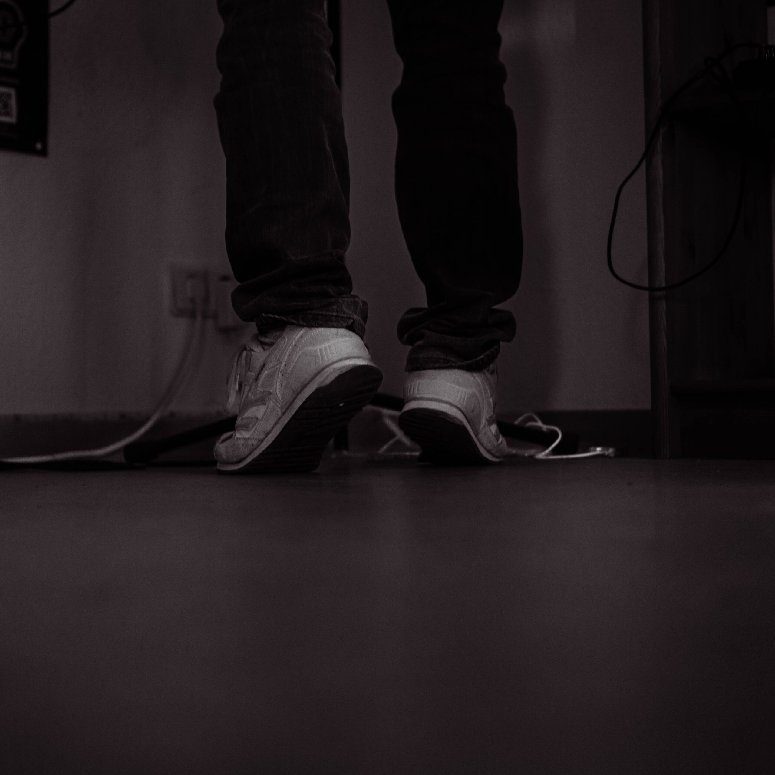 Das schwarz-weiß-Foto zeigt zwei Beine mit weißen Turnschuhen. Der Träger ist der Rapper Adrinalin. Er steht vor einer Wand und auf Zehenspitzen. Auf dem Bild sind Kanbel und Steckdosen zu erkennen: Das Foto ist das Cover zum Alvum "Sensual destruction" und wurde von Fotograf Toni Borgert aufgenommen.